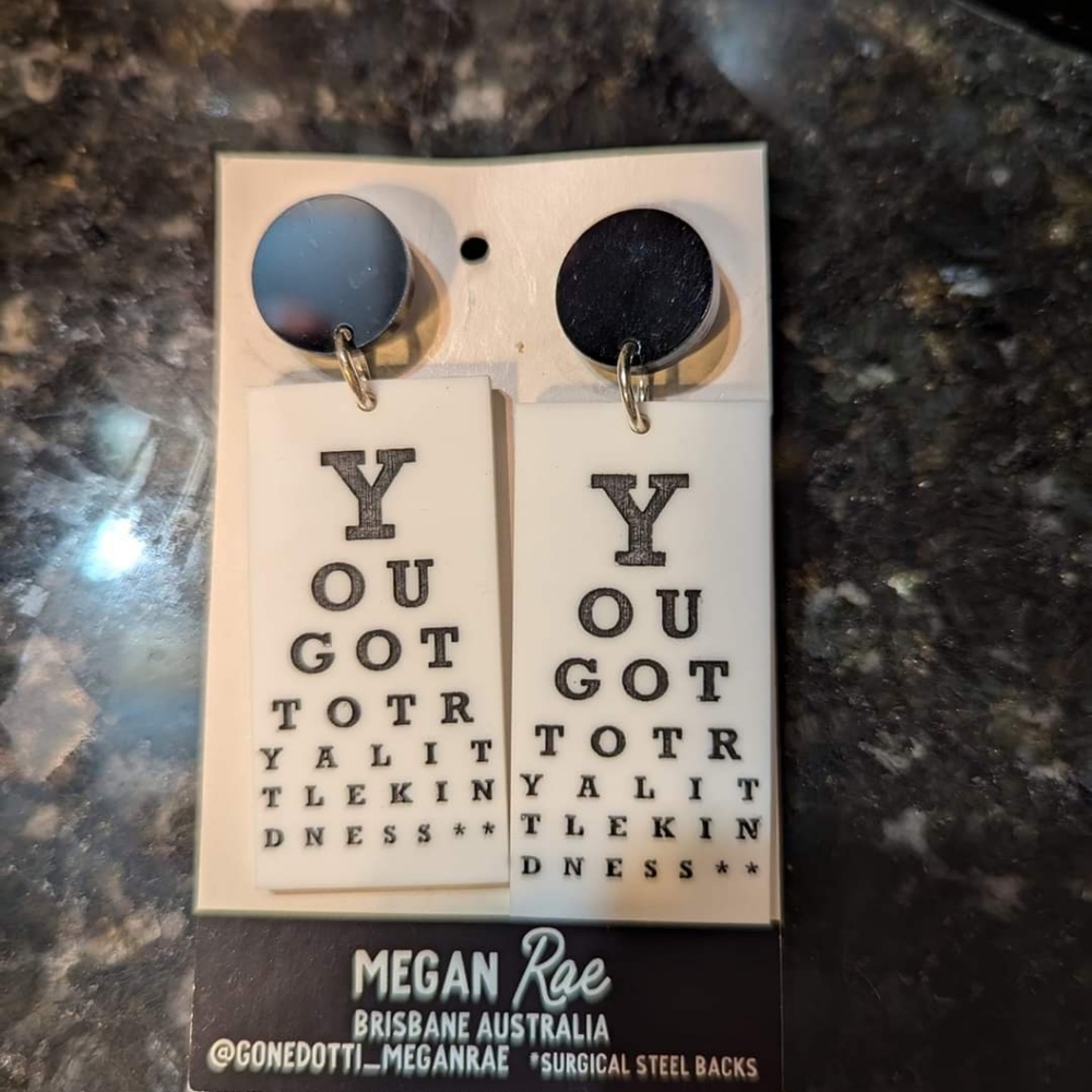 NWT 😎 MEGAN RAE 👁️❤️🤓 EYE CHART: YOU'VE GOT THIS acrylic dangle earrings HTF!